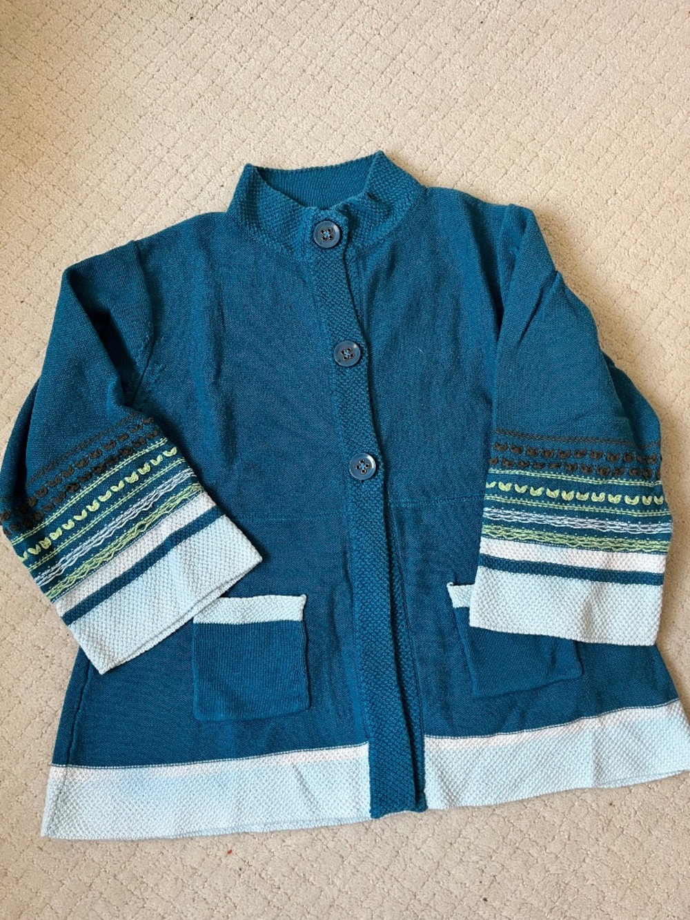 Columbia Teal Knit Cardigan Sweater Embroidered Sleeve Detail Boho Medium